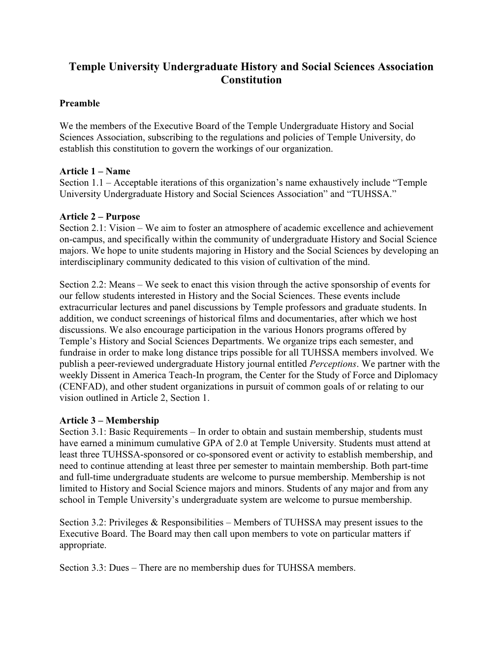 Temple Undergraduate History and Social Sciences Association Constitution