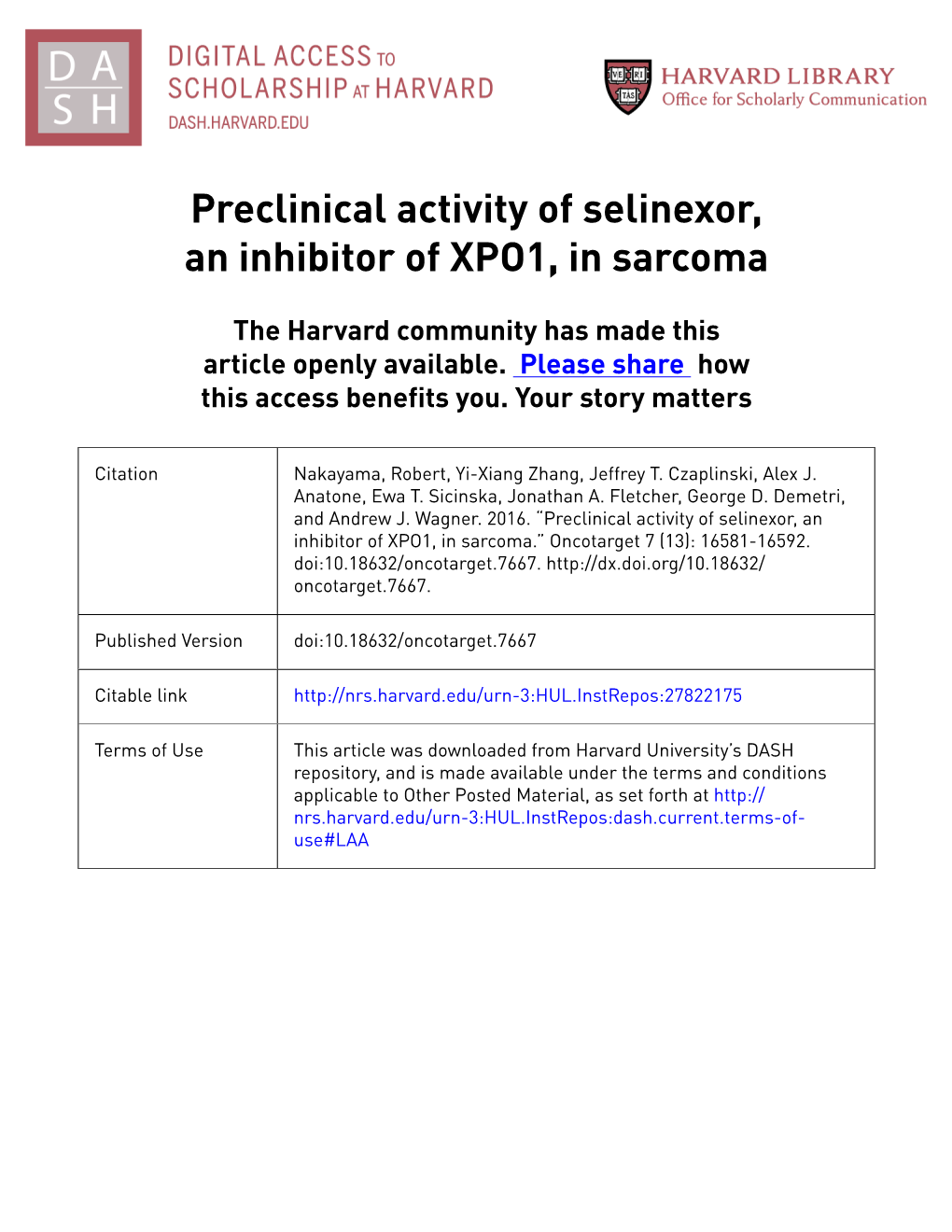 Preclinical Activity of Selinexor, an Inhibitor of XPO1, in Sarcoma