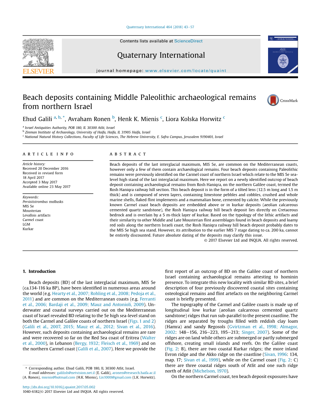 Beach Deposits Containing Middle Paleolithic Archaeological Remains from Northern Israel