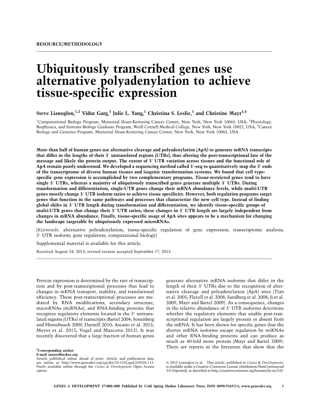 Ubiquitously Transcribed Genes Use Alternative Polyadenylation to Achieve Tissue-Specific Expression