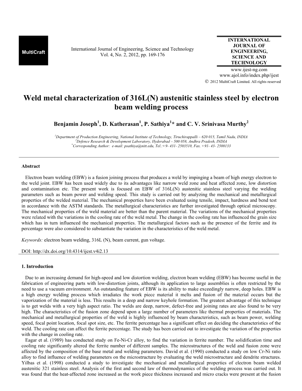 Austenitic Stainless Steel by Electron Beam Welding Process