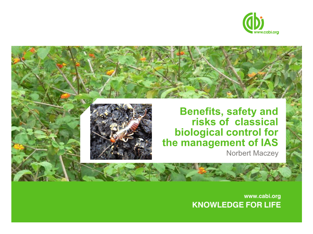 Benefits, Safety and Risks of Classical Biological Control for the Management of IAS Norbert Maczey What/Who Is CABI?