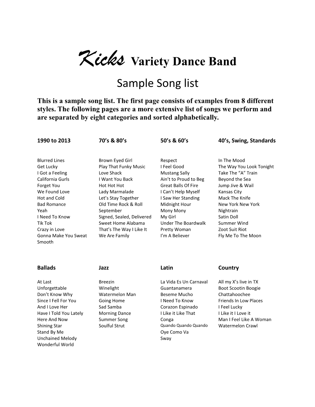 Kicks Variety Dance Band Sample Song List