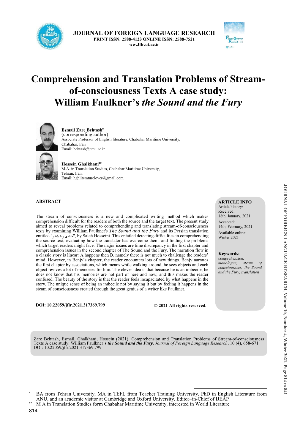 Comprehension and Translation Problems of Stream- Of-Consciousness Texts a Case Study: William Faulkner’S the Sound and the Fury