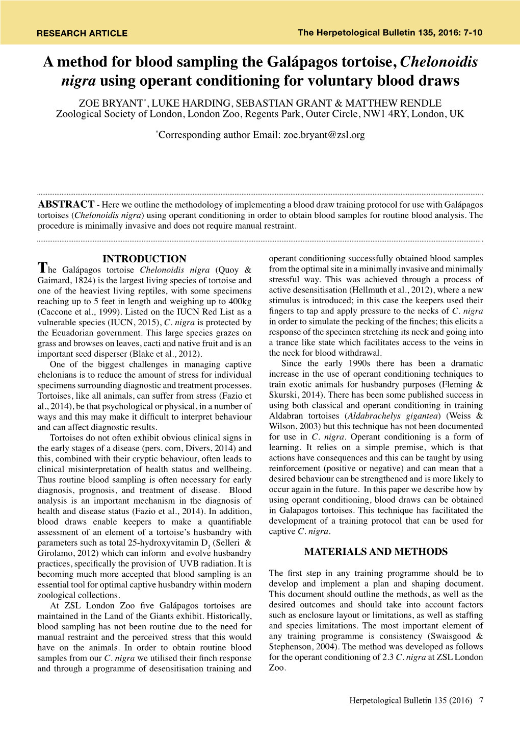 A Method for Blood Sampling the Galápagos Tortoise, Chelonoidis Nigra Using Operant Conditioning for Voluntary Blood Draws