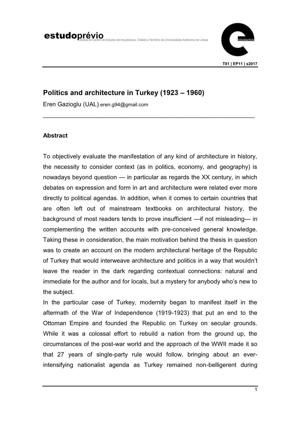 Politics and Architecture in Turkey (1923 – 1960)