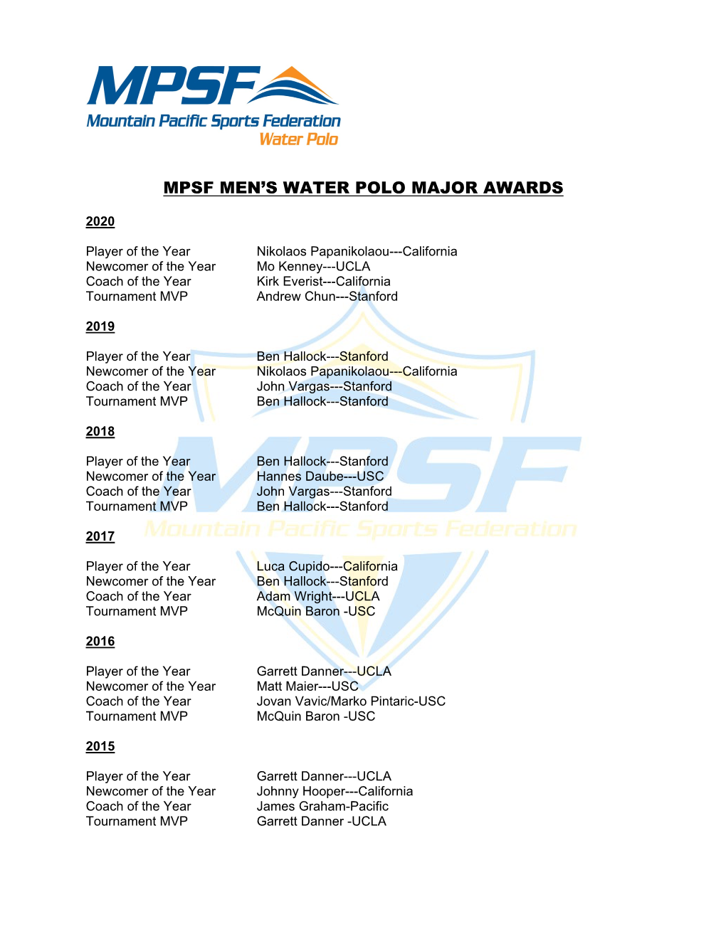 Mpsf Men's Water Polo Major Awards