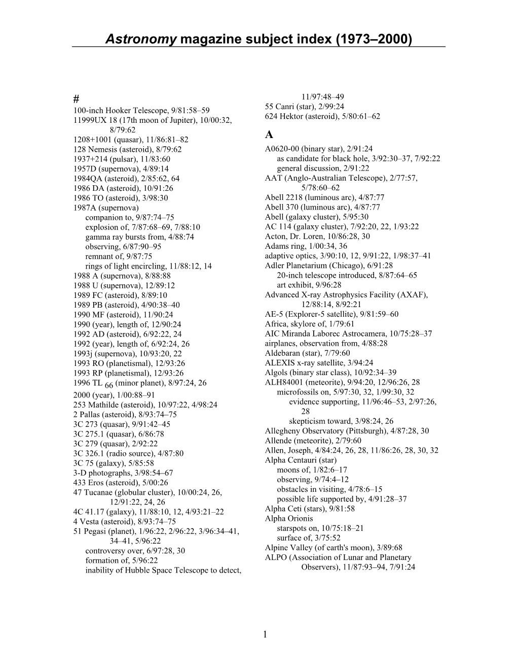 Astronomy Magazine Subject Index (1973–2000)