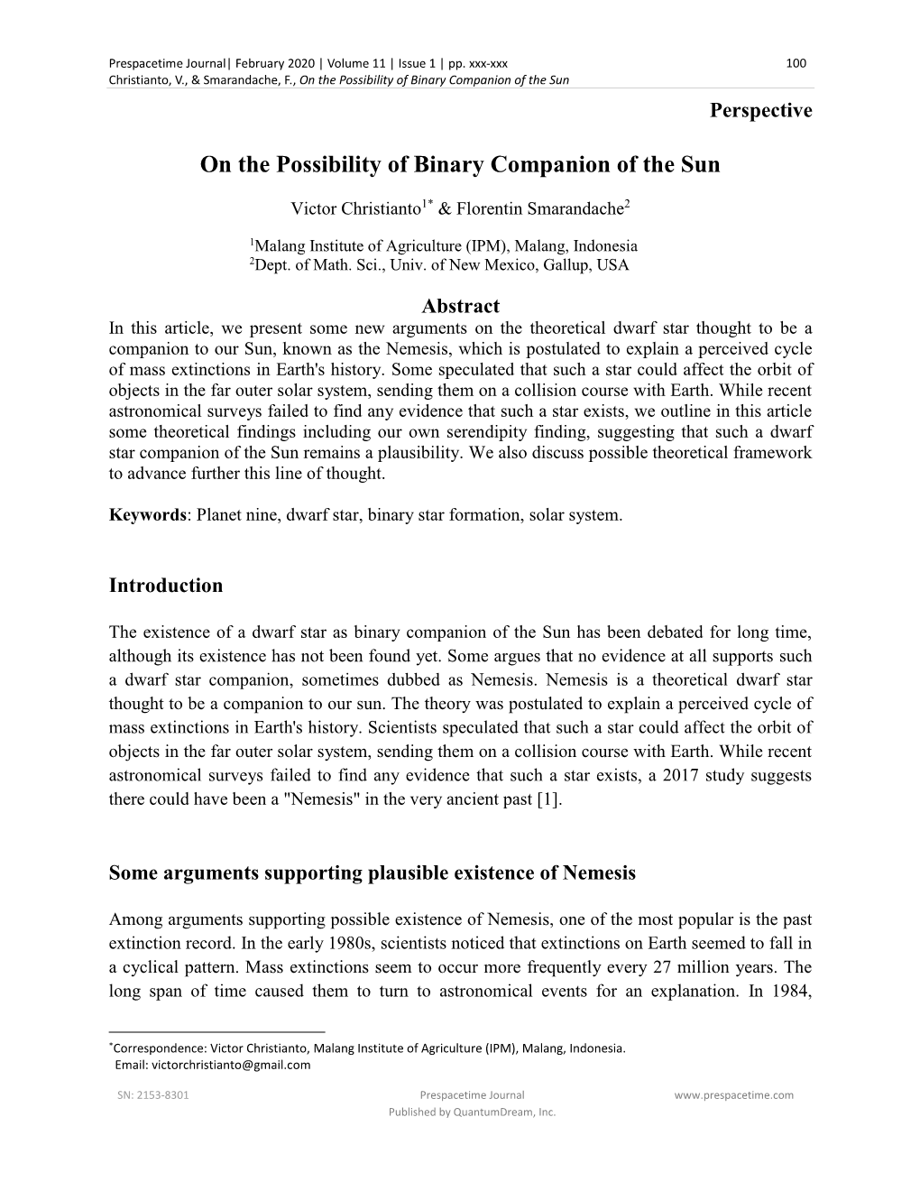 On the Possibility of Binary Companion of the Sun Perspective