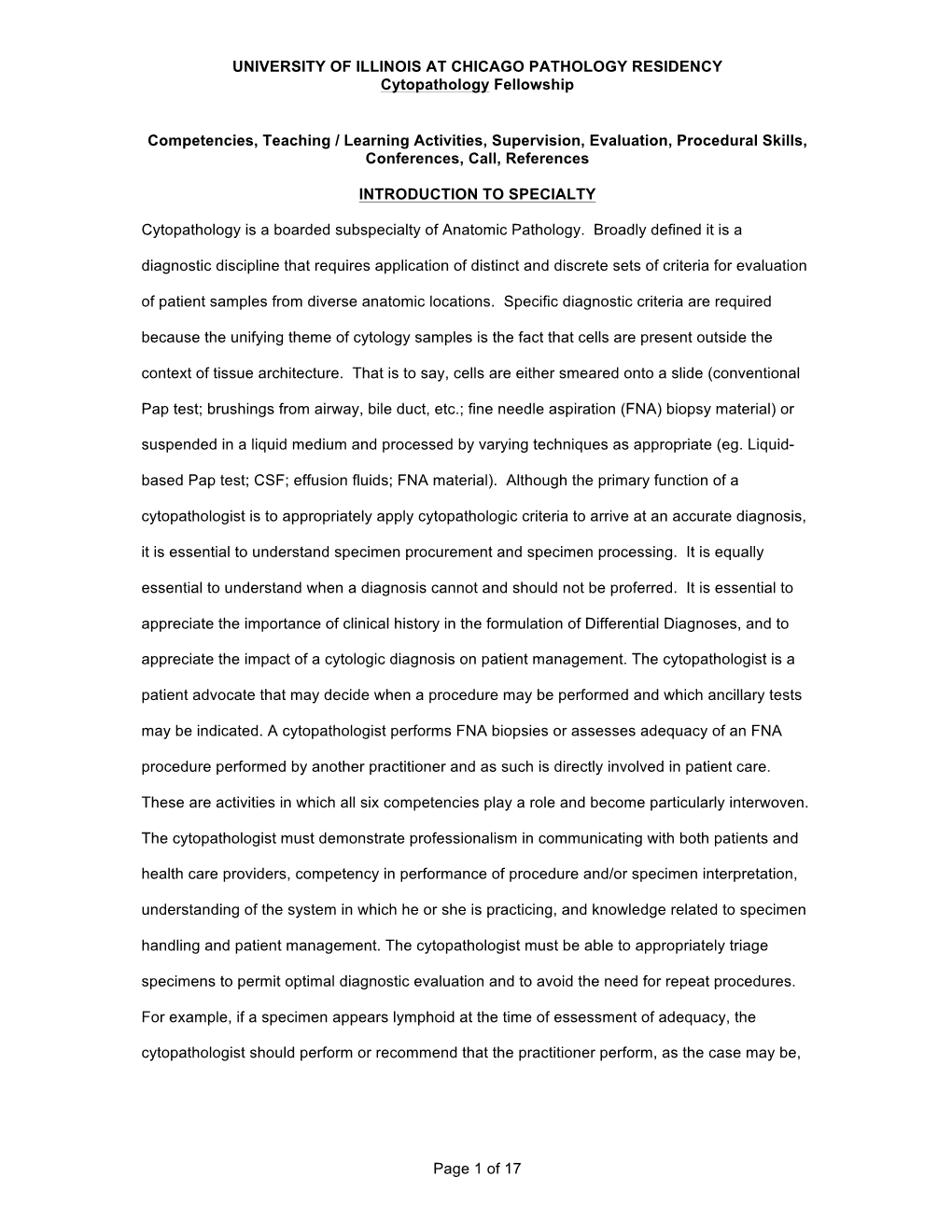 UNIVERSITY of ILLINOIS at CHICAGO PATHOLOGY RESIDENCY Cytopathology Fellowship Page 1 of 17 Competencies, Teaching / Learning Ac