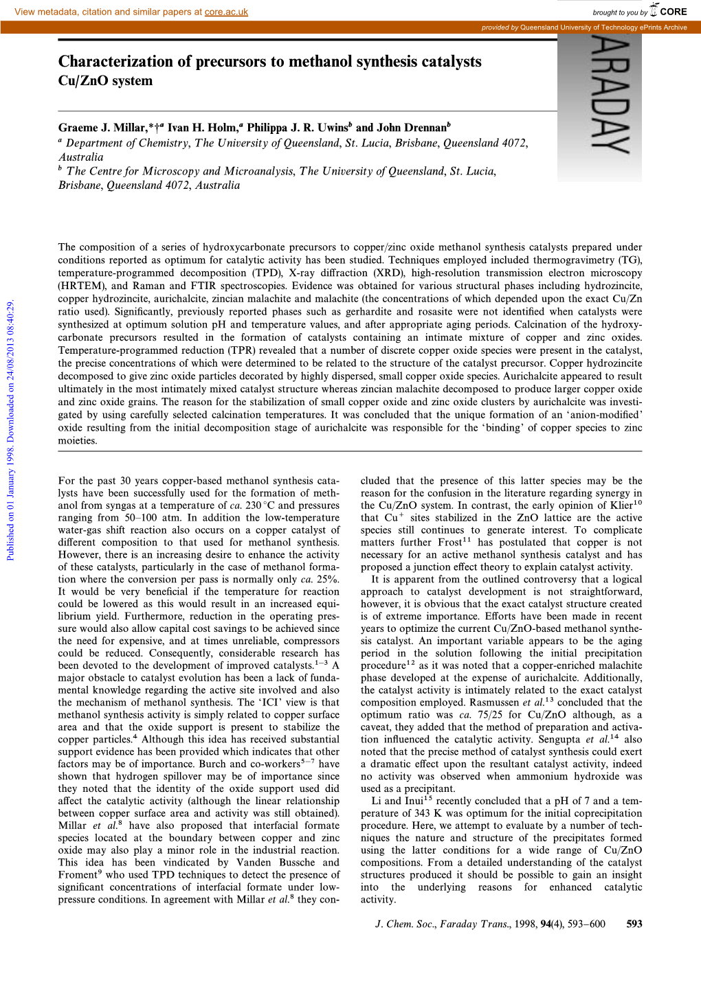 Characterization of Precursors to Methanol Synthesis Catalysts Cu/Zno System