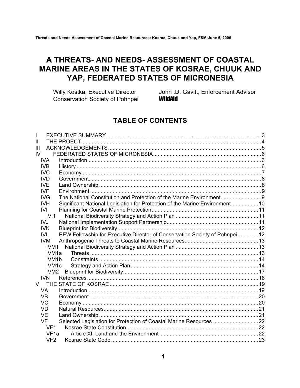 Assessment of Coastal Marine Areas in the States of Kosrae, Chuuk and Yap, Federated States of Micronesia