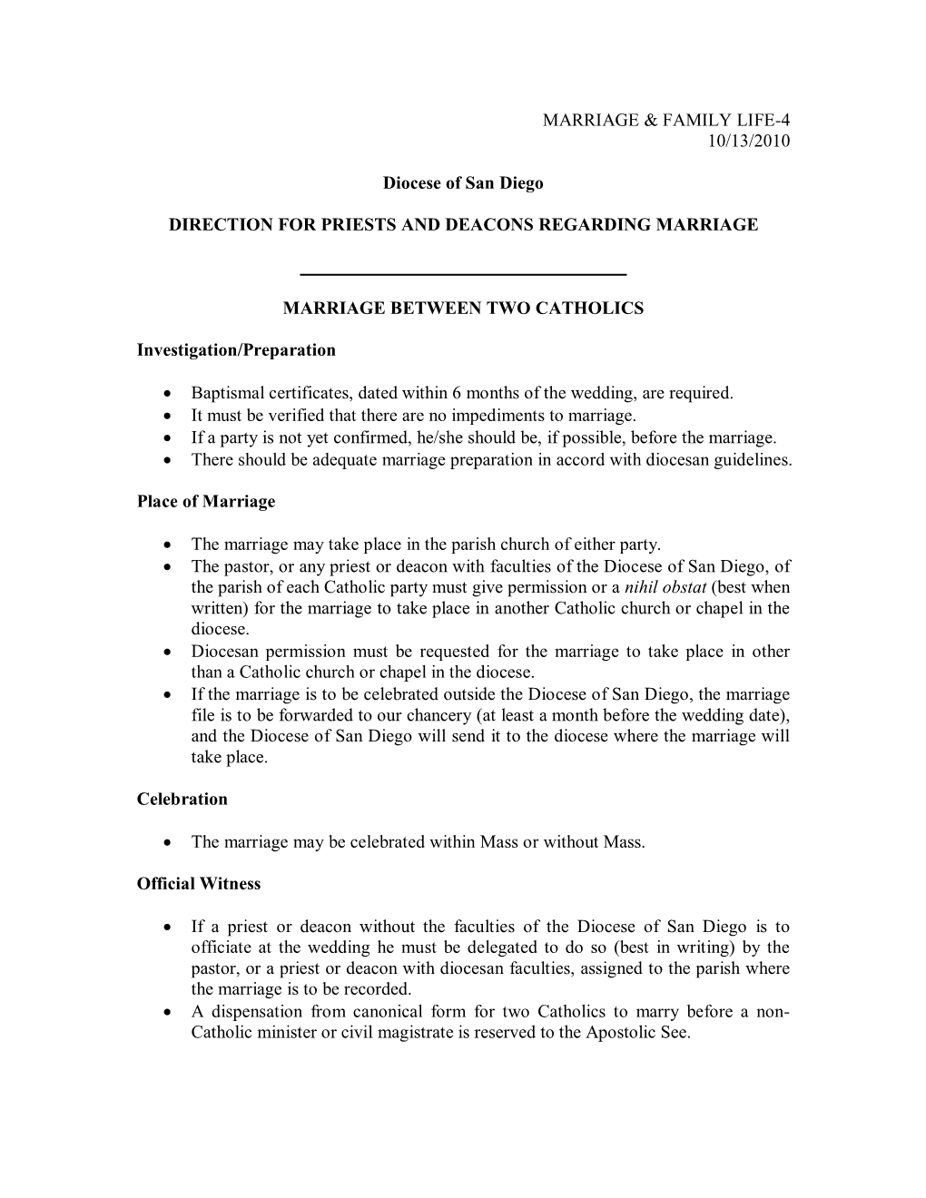 Directions for Priests and Deacons Regarding Marriage