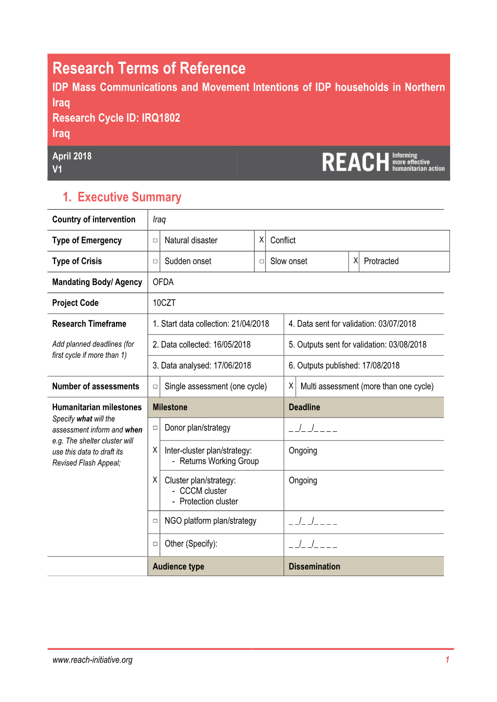 Research Terms of Reference IDP Mass Communications and Movement Intentions of IDP Households in Northern Iraq Research Cycle ID: IRQ1802 Iraq