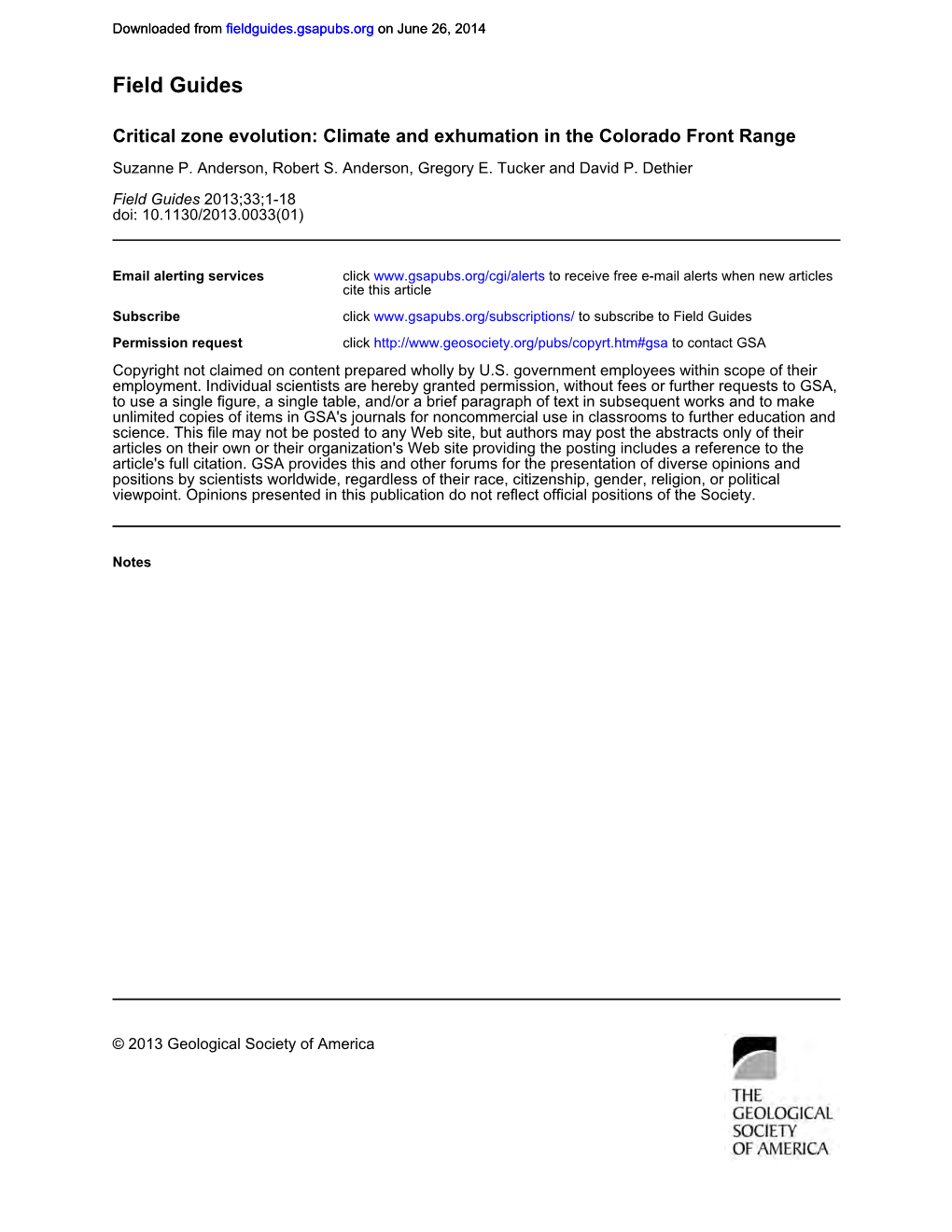 Critical Zone Evolution: Climate and Exhumation in the Colorado Front Range