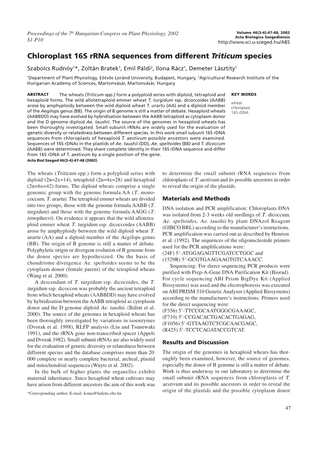 Chloroplast 16S Rrna Sequences from Different Triticum Species