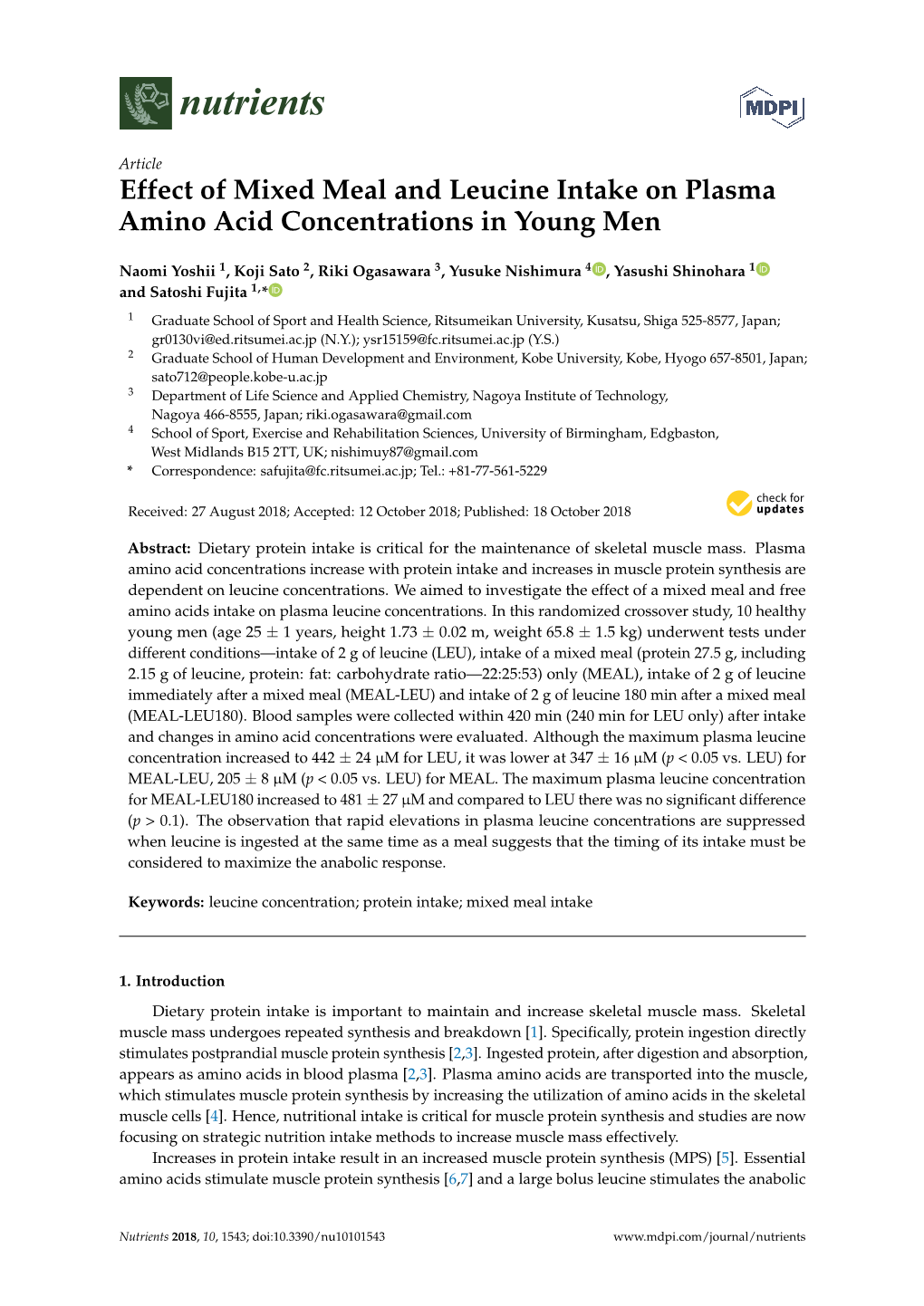 Effect of Mixed Meal and Leucine Intake on Plasma Amino Acid Concentrations in Young Men