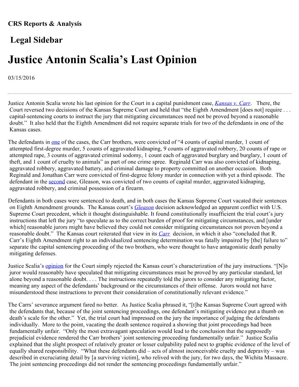 Justice Antonin Scalia's Last Opinion