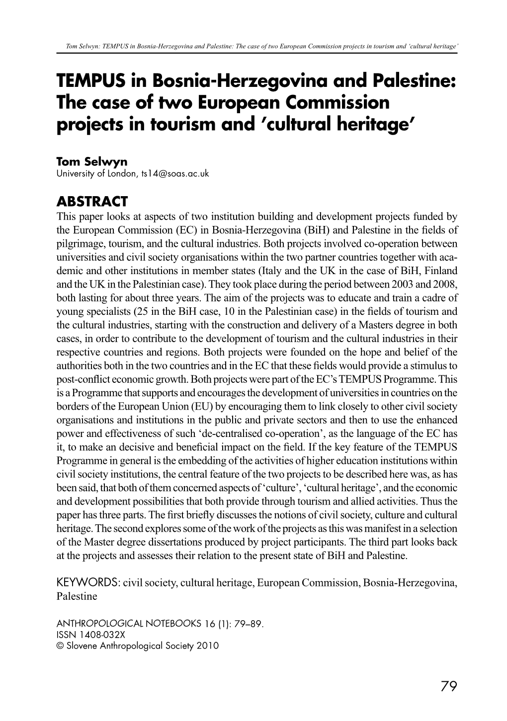 The Case of Two European Commission Projects in Tourism and ‘Cultural Heritage’