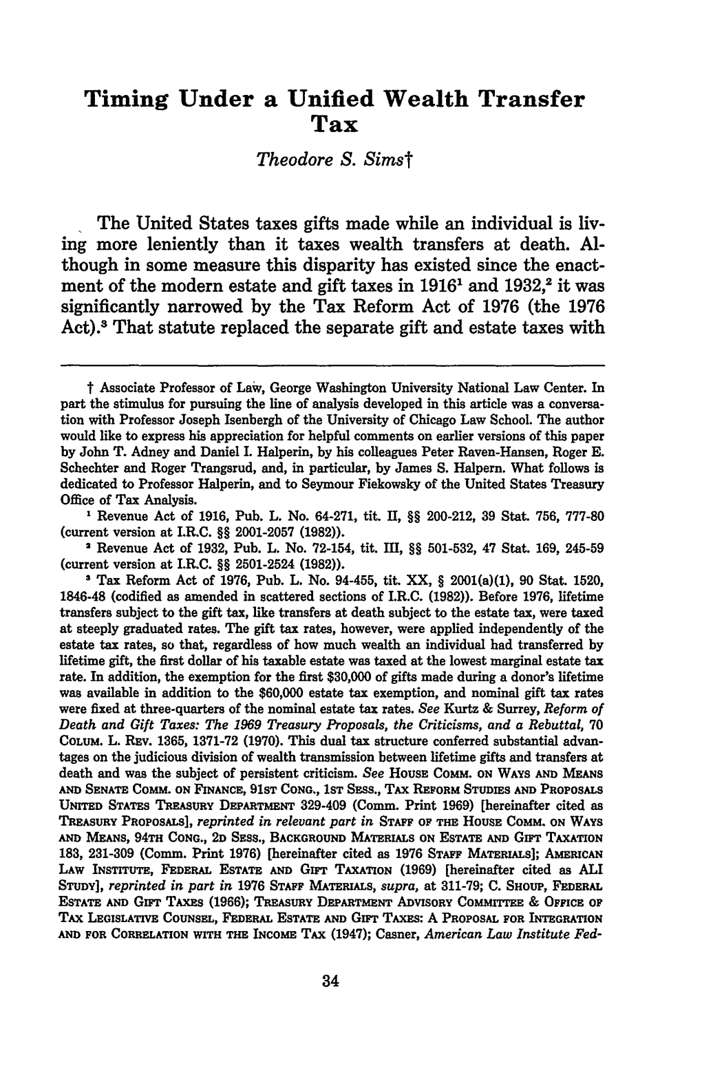 Timing Under a Unified Wealth Transfer Tax Theodore S