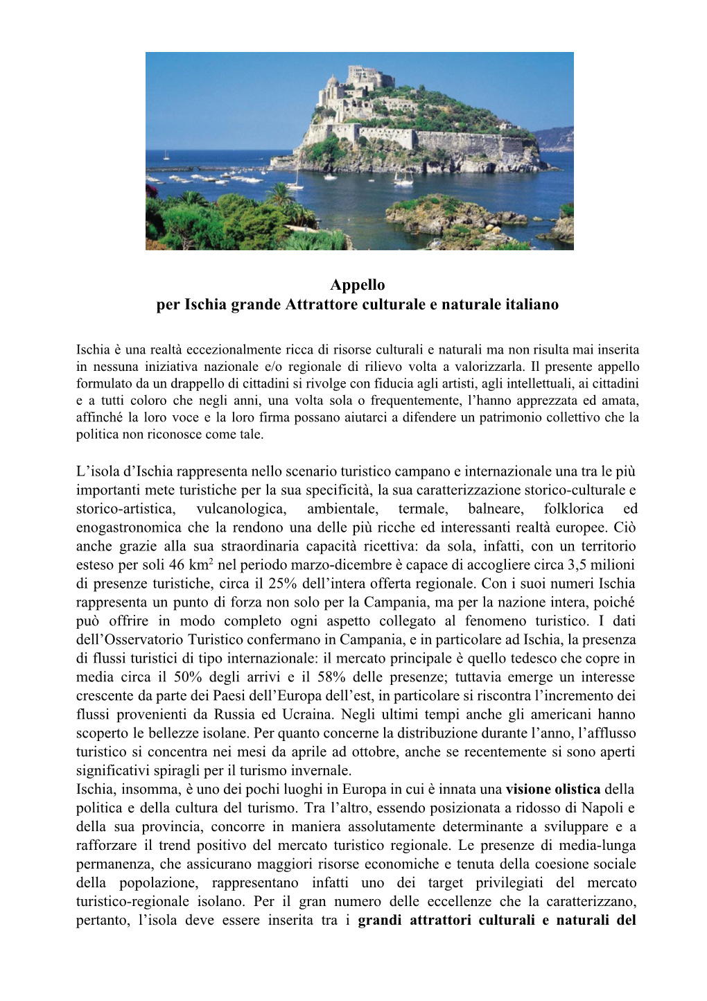 Appello Per Ischia Grande Attrattore Culturale E Naturale Italiano