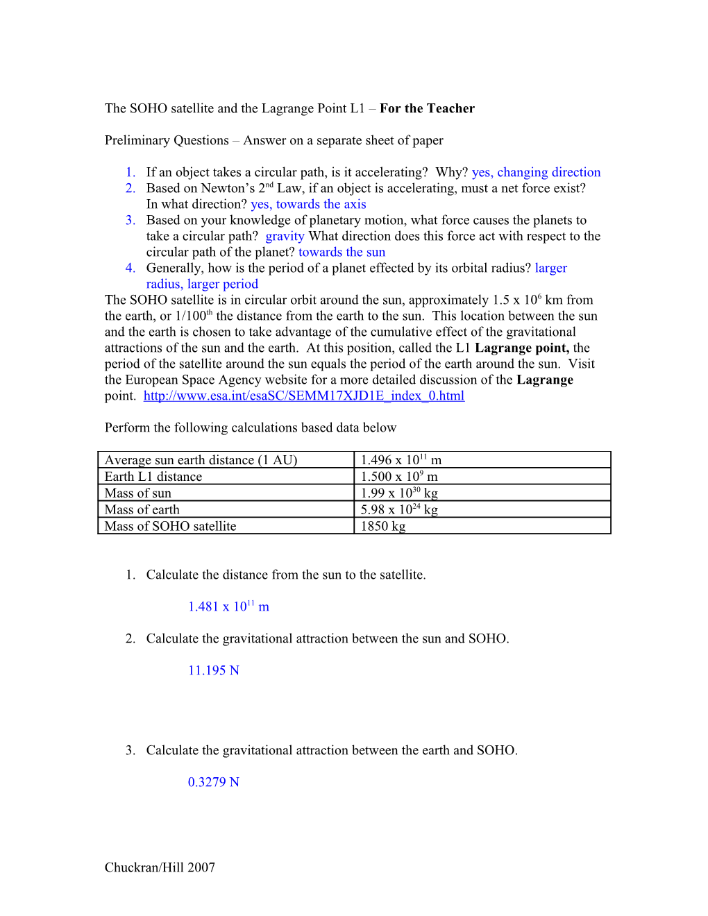 The SOHO Satellite and the Lagrange Point L1 for the Teacher