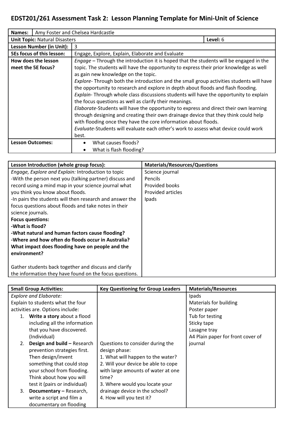 EDST201/261 Assessment Task 2: Lesson Planning Template for Mini-Unit of Science