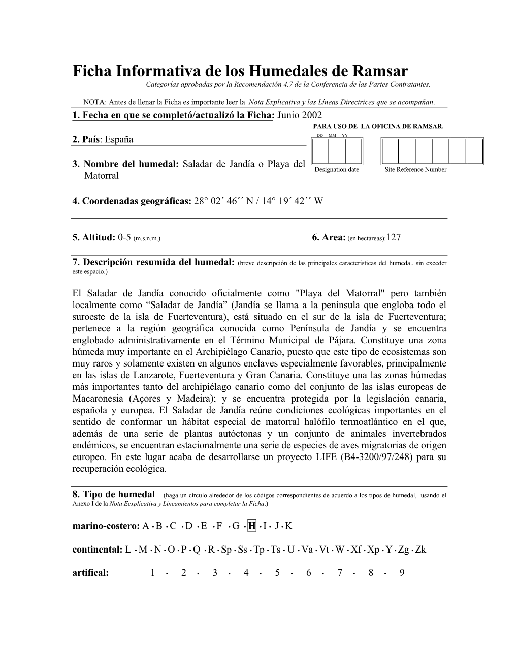 Ficha Informativa De Los Humedales De Ramsar Categorías Aprobadas Por La Recomendación 4.7 De La Conferencia De Las Partes Contratantes