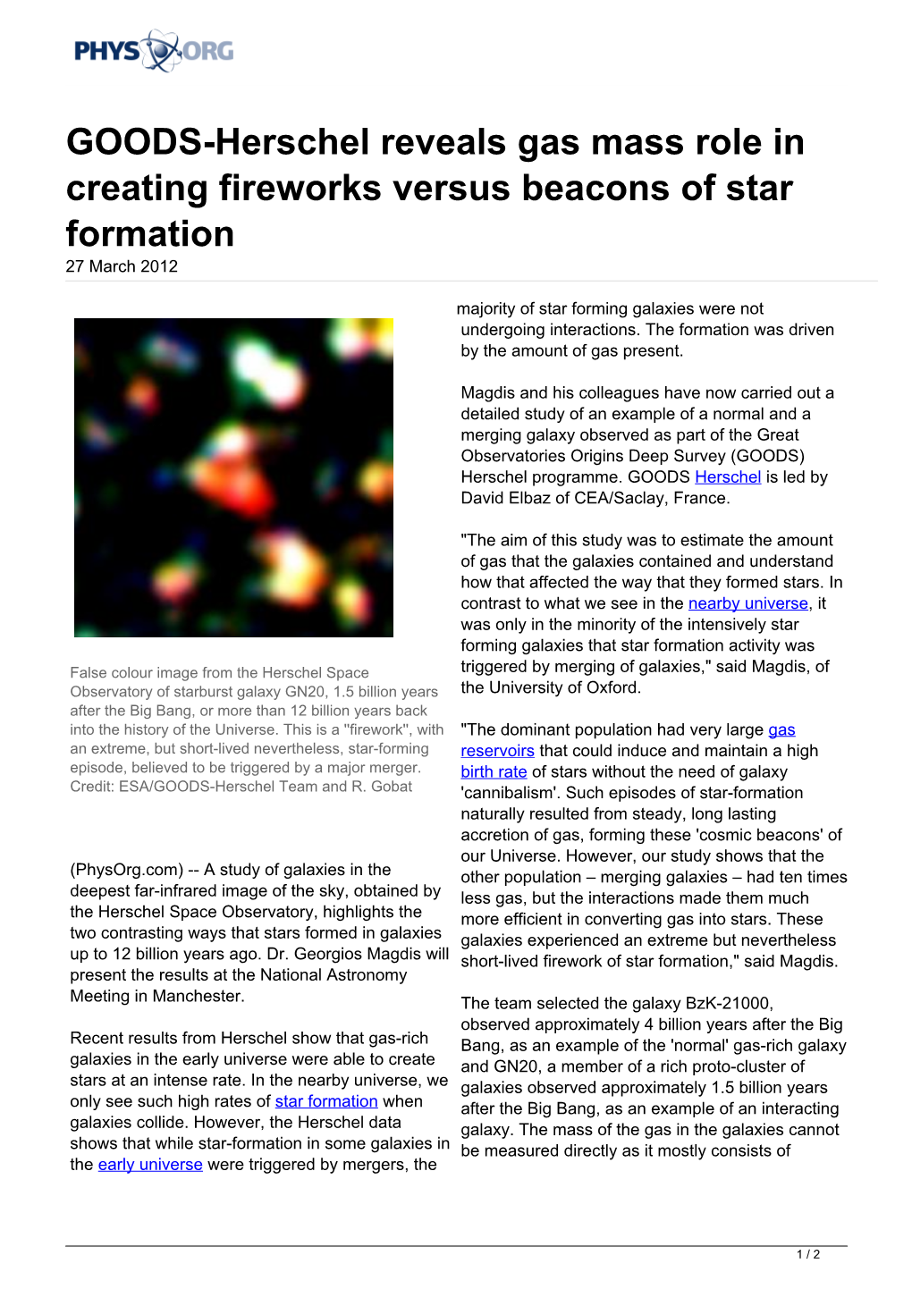 GOODS-Herschel Reveals Gas Mass Role in Creating Fireworks Versus Beacons of Star Formation 27 March 2012