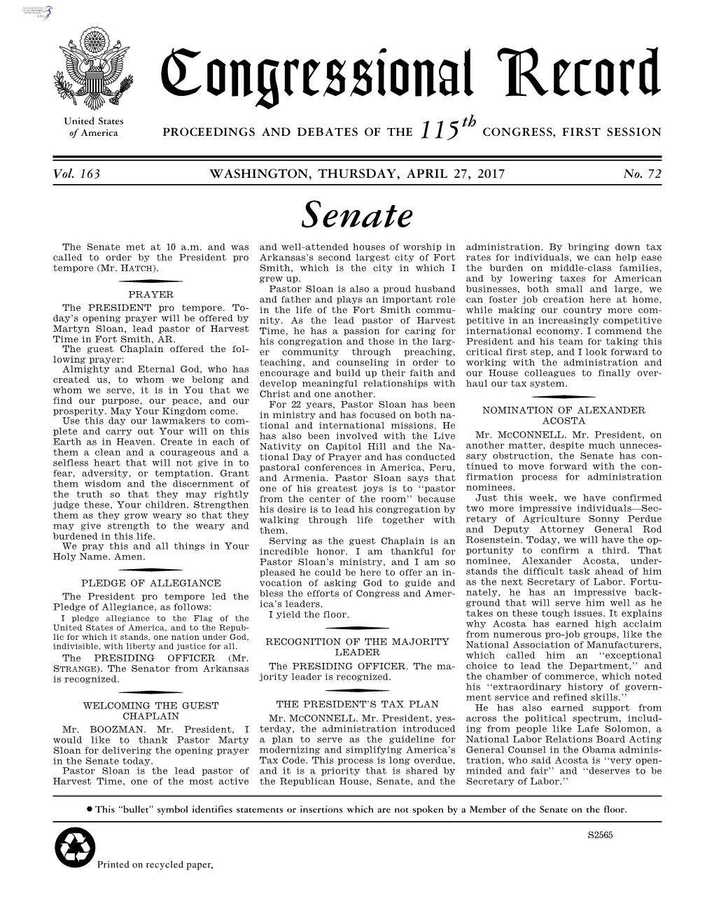 Congressional Record United States Th of America PROCEEDINGS and DEBATES of the 115 CONGRESS, FIRST SESSION