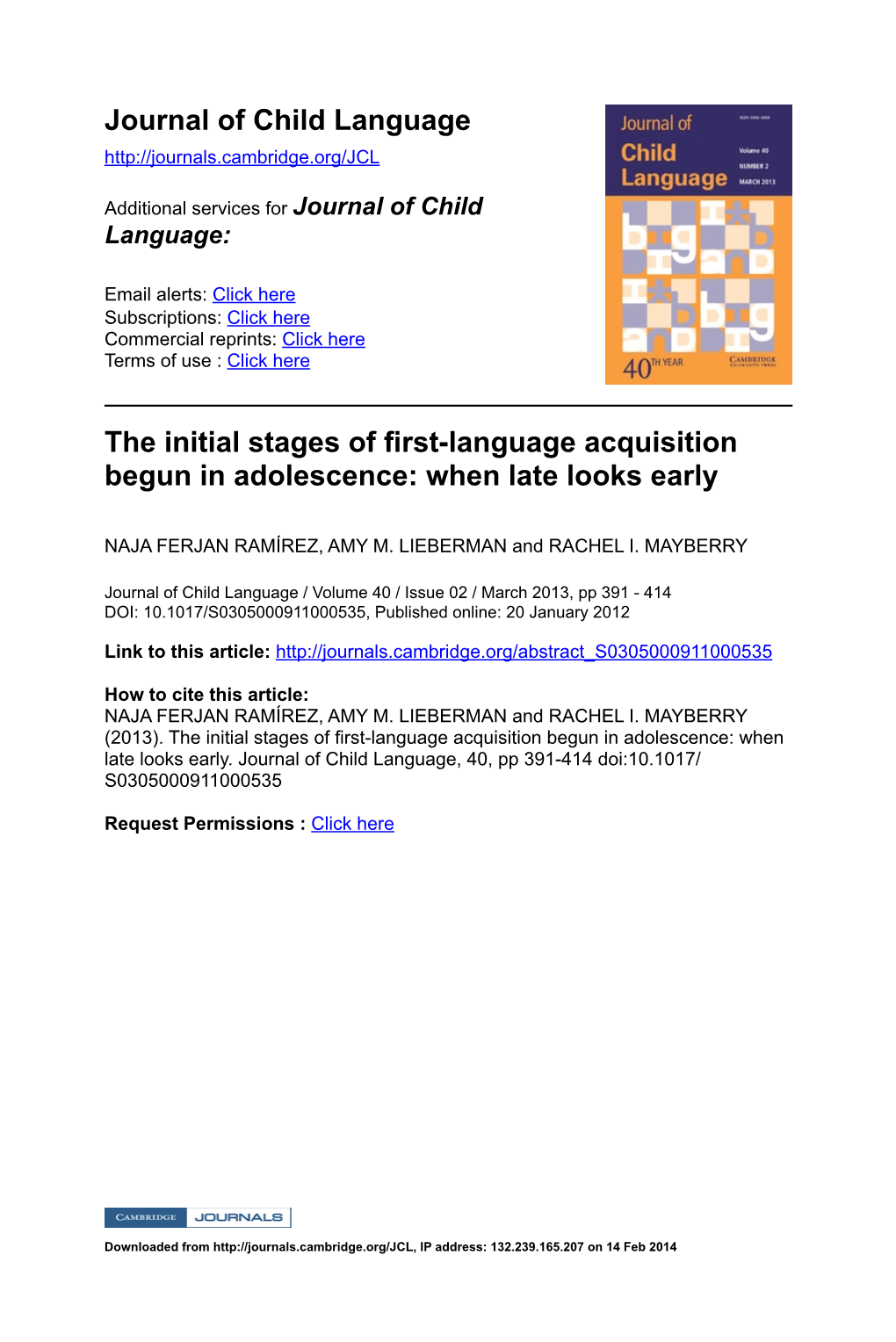 Journal of Child Language the Initial Stages of First-Language Acquisition