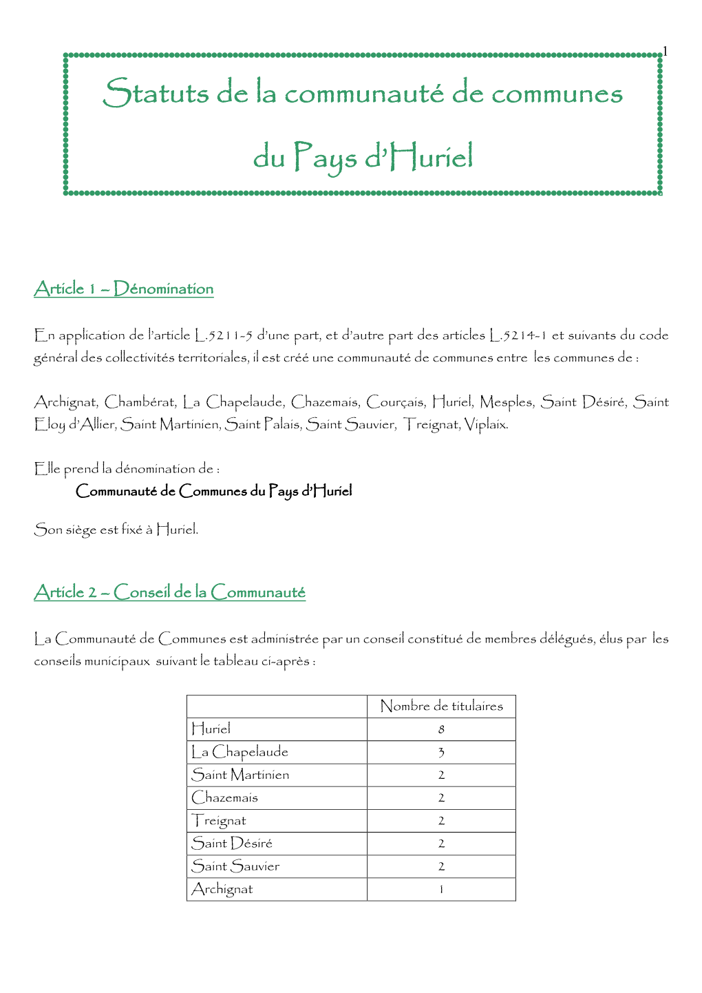Statuts De La Communauté De Communes Du Pays D'huriel