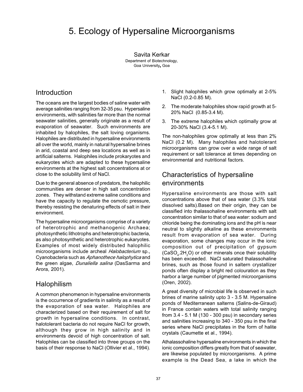 5. Ecology of Hypersaline Microorganisms