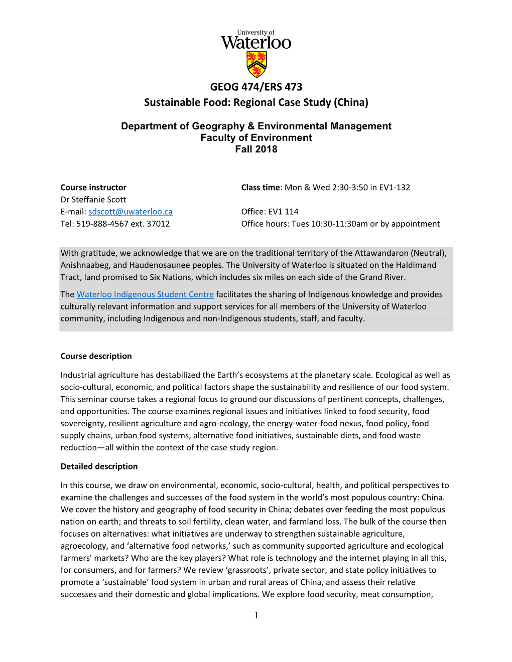 GEOG 474/ERS 473 Sustainable Food: Regional Case Study (China)