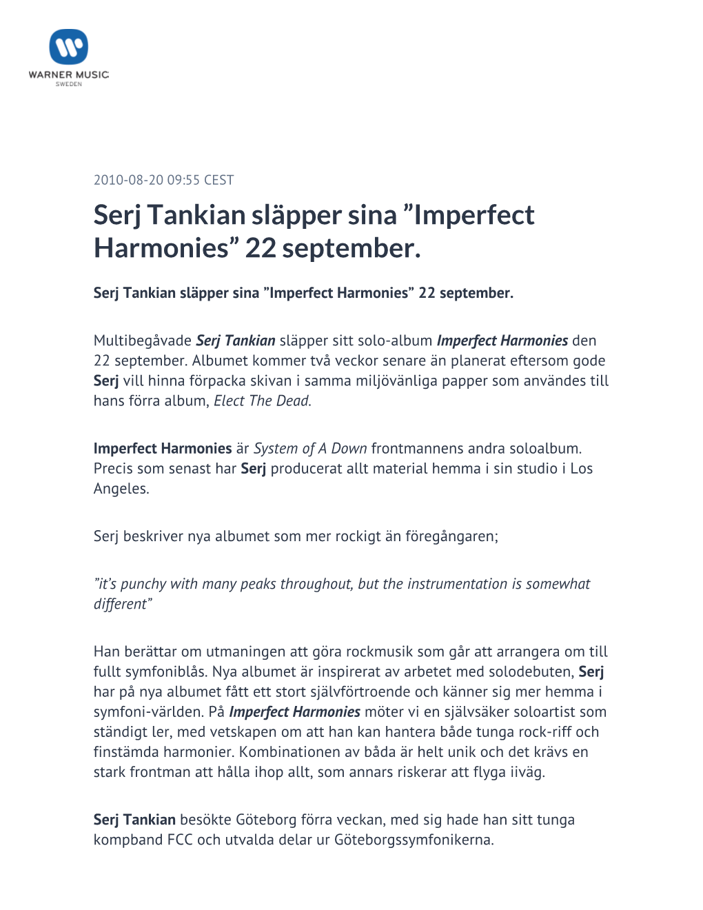 Serj Tankian Släpper Sina ”Imperfect Harmonies” 22 September