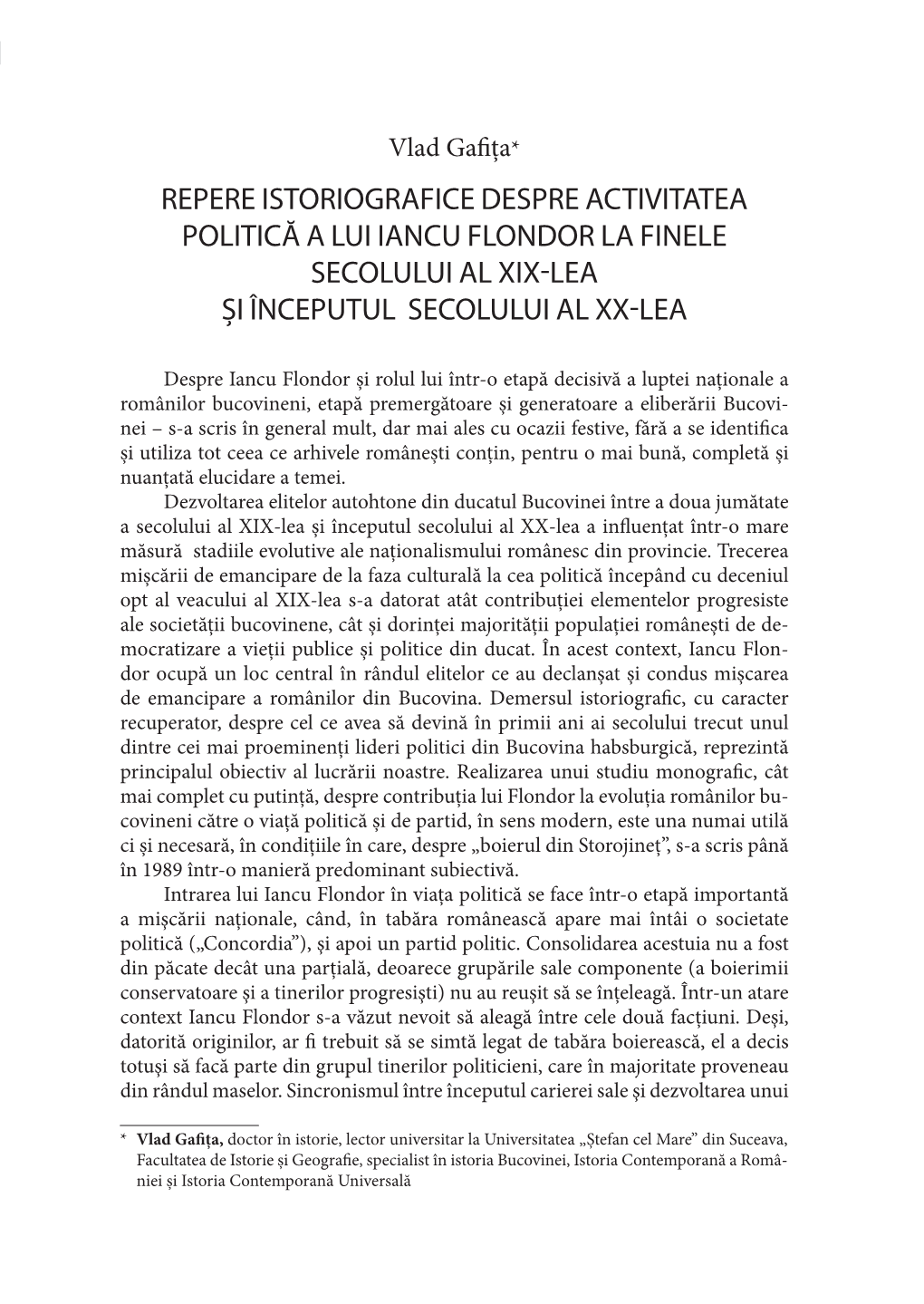 Repere Istoriografice Despre Activitatea Politică a Lui Iancu Flondor La Finele Secolului Al Xix-Lea Și Începutul Secolului