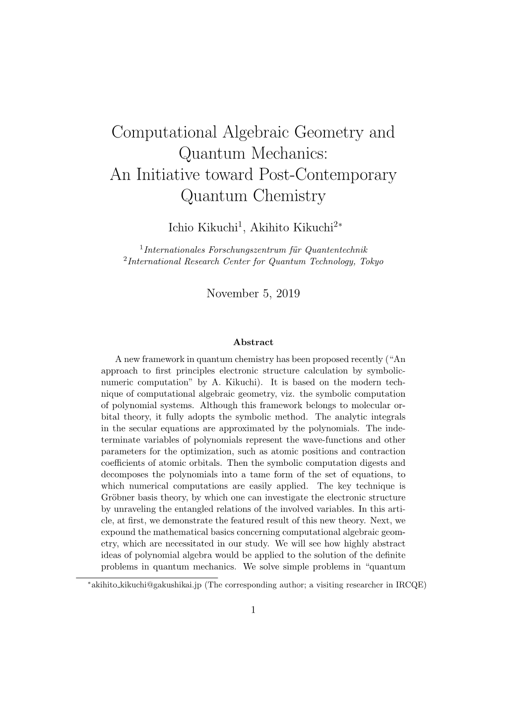 Computational Algebraic Geometry and Quantum Mechanics: an Initiative Toward Post-Contemporary Quantum Chemistry