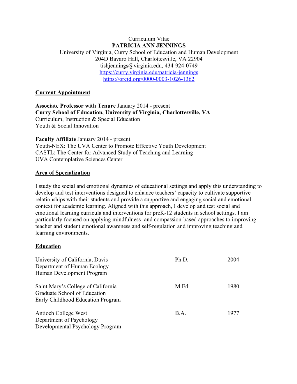 Curriculum Vitae PATRICIA ANN JENNINGS University Of