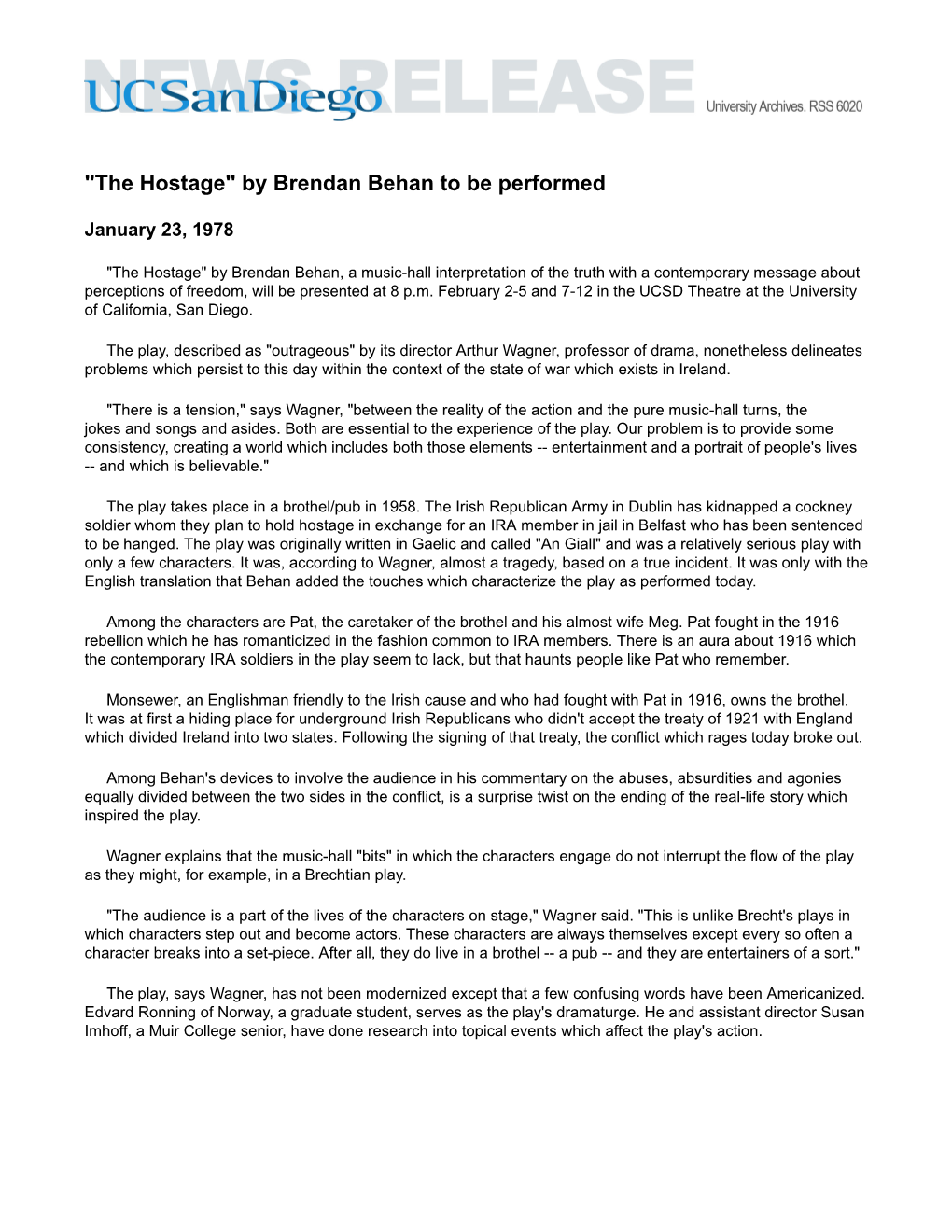 "The Hostage" by Brendan Behan to Be Performed