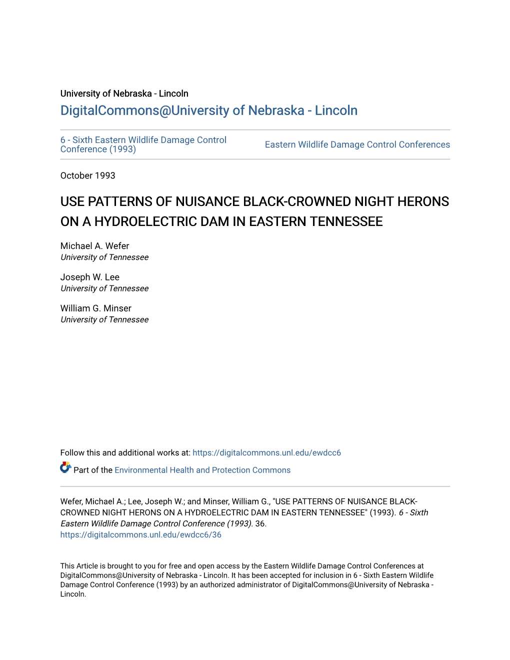 Use Patterns of Nuisance Black-Crowned Night Herons on a Hydroelectric Dam in Eastern Tennessee