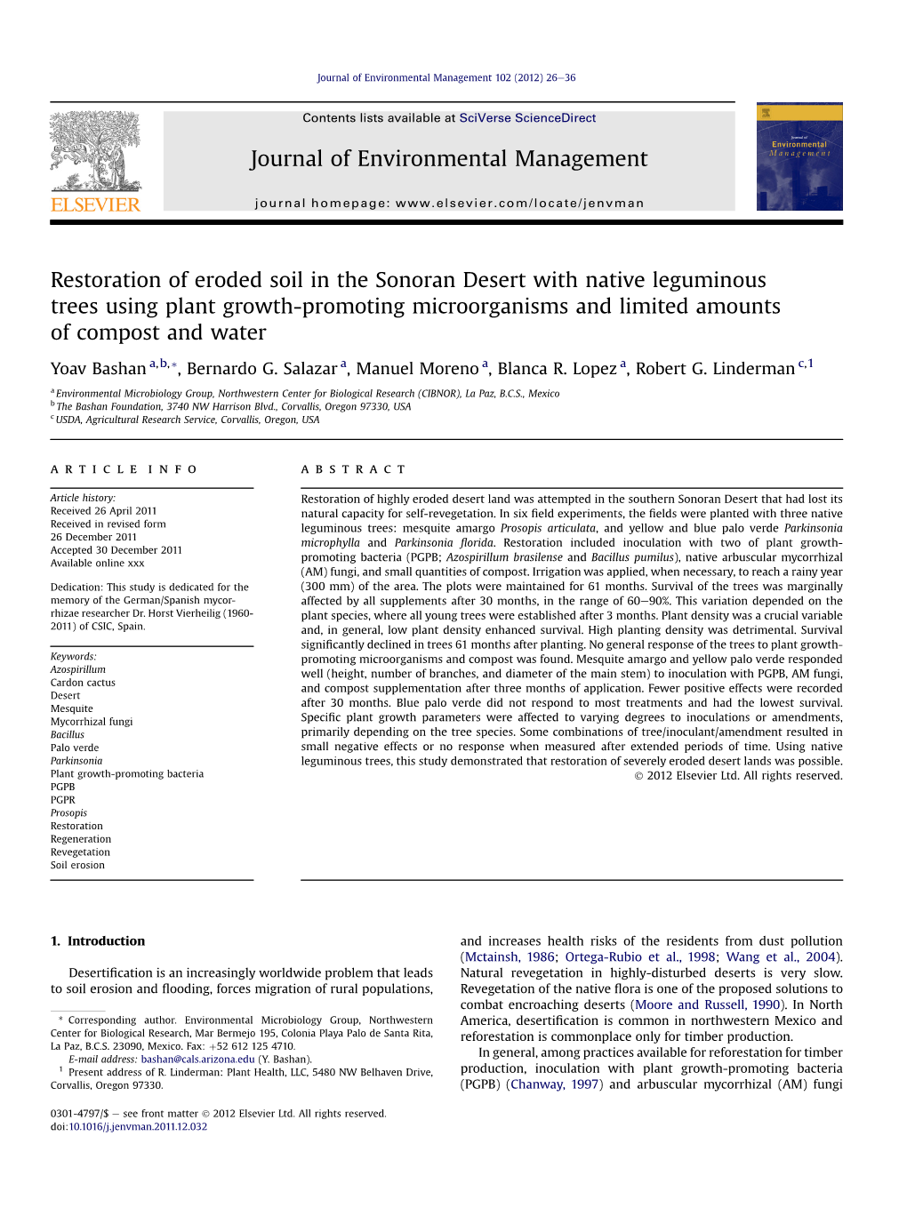 Restoration of Eroded Soil in the Sonoran Desert with Native Leguminous Trees Using Plant Growth-Promoting Microorganisms and Limited Amounts of Compost and Water