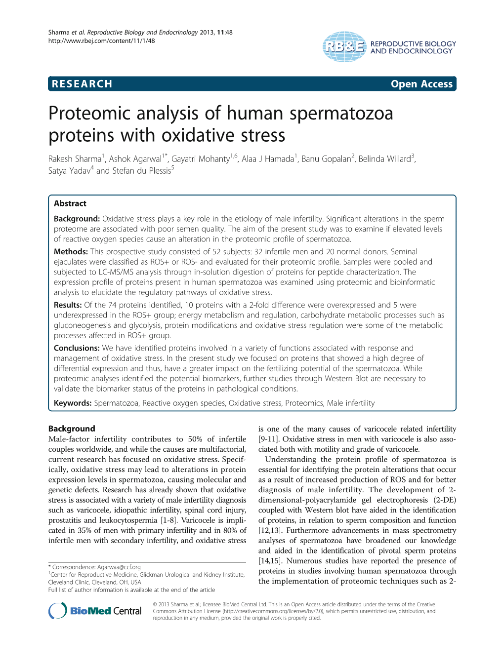 Proteomic Analysis of Human Spermatozoa Proteins with Oxidative