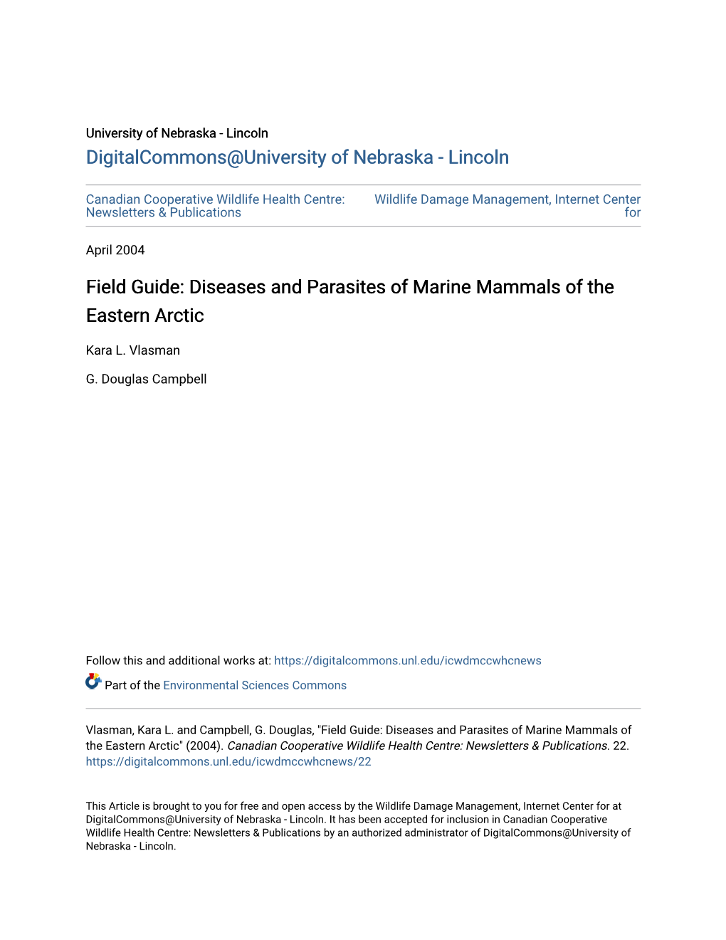 Diseases and Parasites of Marine Mammals of the Eastern Arctic