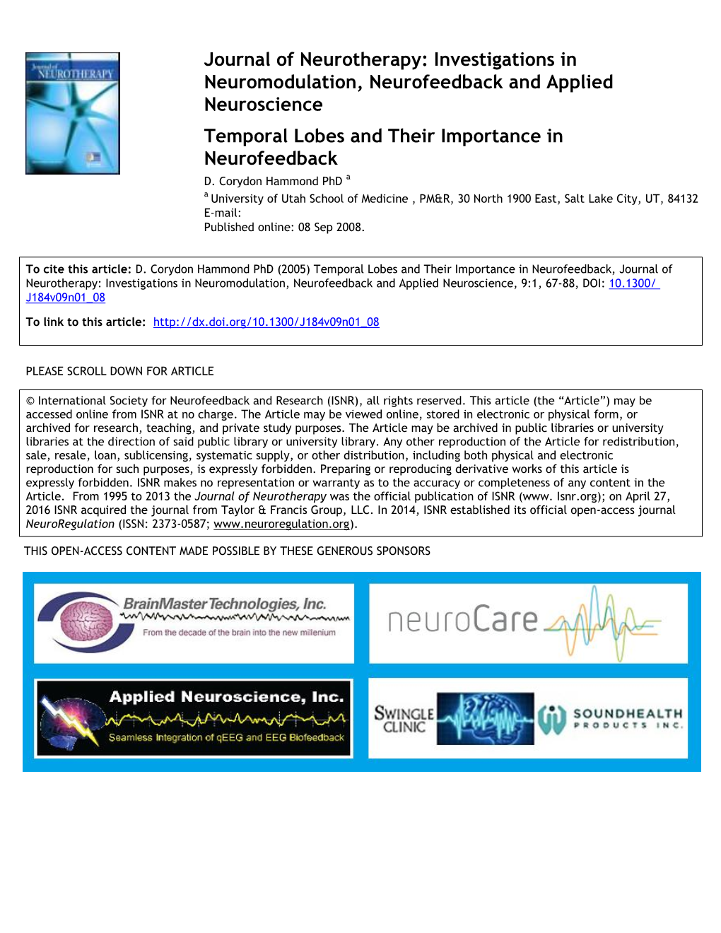 Investigations in Neuromodulation, Neurofeedback and Applied Neuroscience Temporal Lobes and Their Importance in Neurofeedback a D