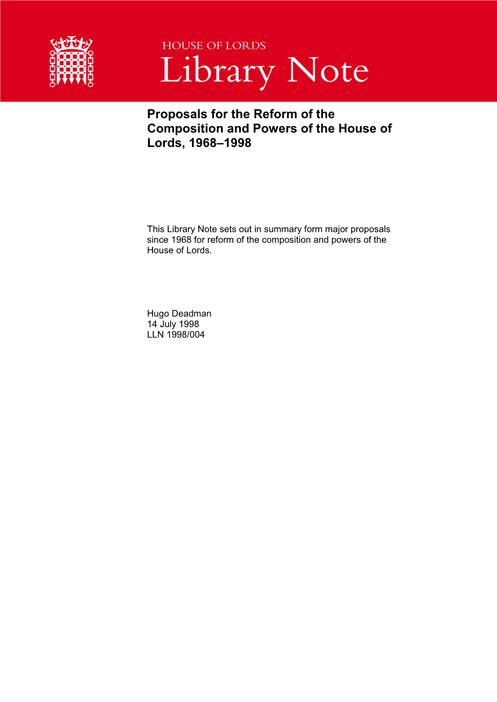 Proposals for the Reform of the Composition and Powers of the House of Lords, 1968–1998