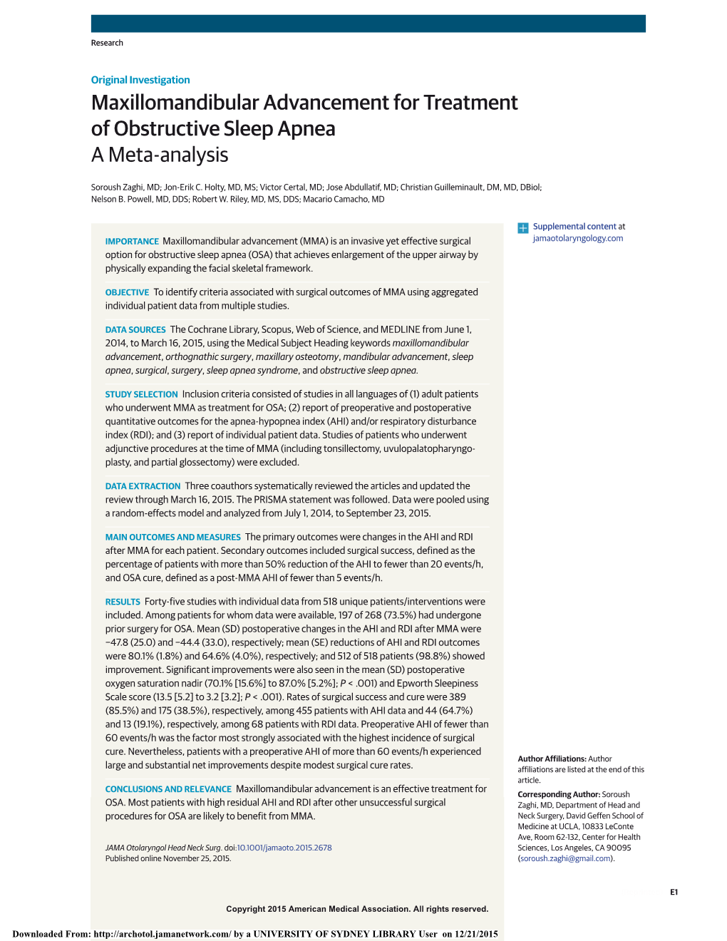 Maxillomandibular Advancement for Treatment of Obstructive Sleep Apnea a Meta-Analysis