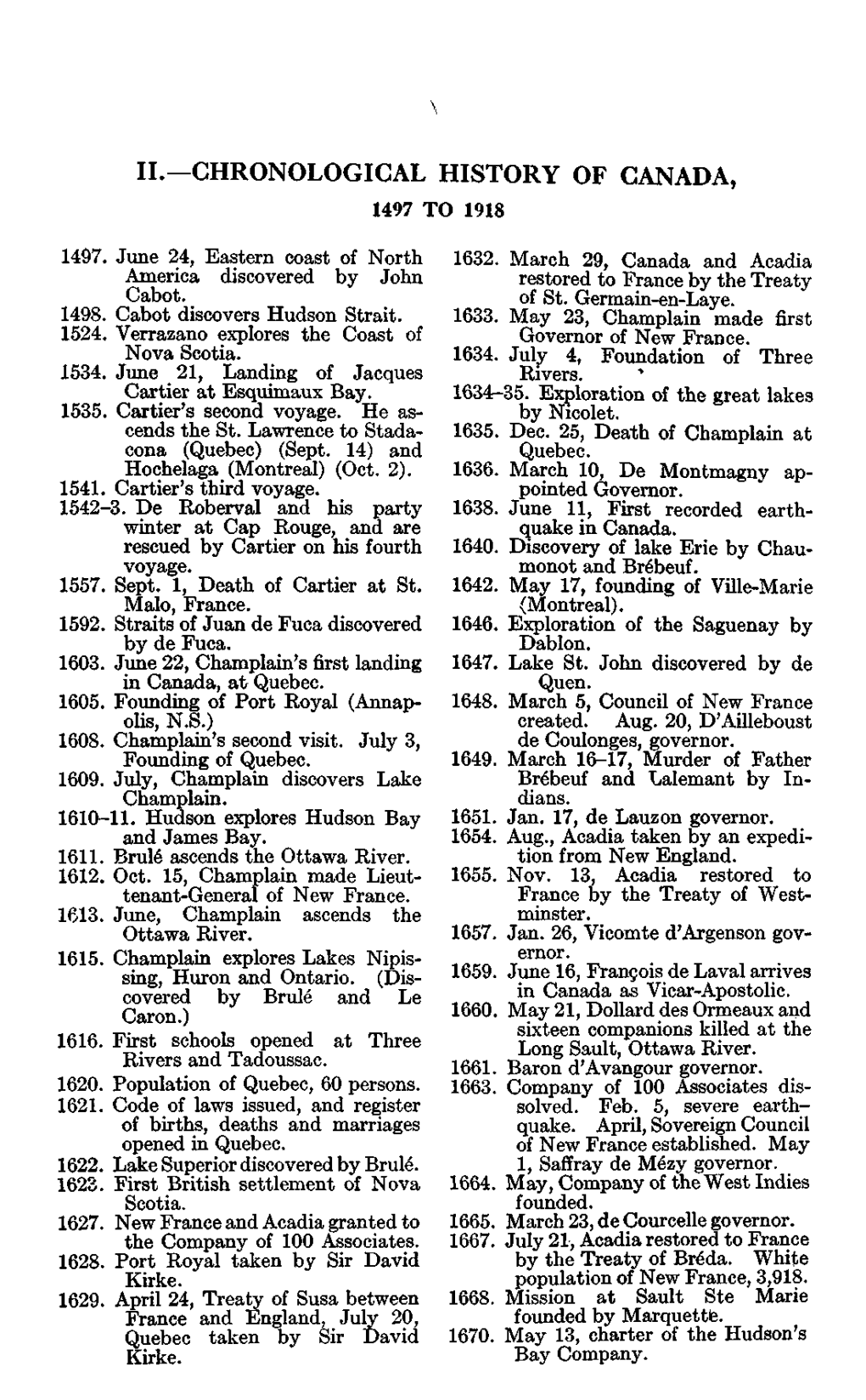 Chronological History of Canada, 1497-1918