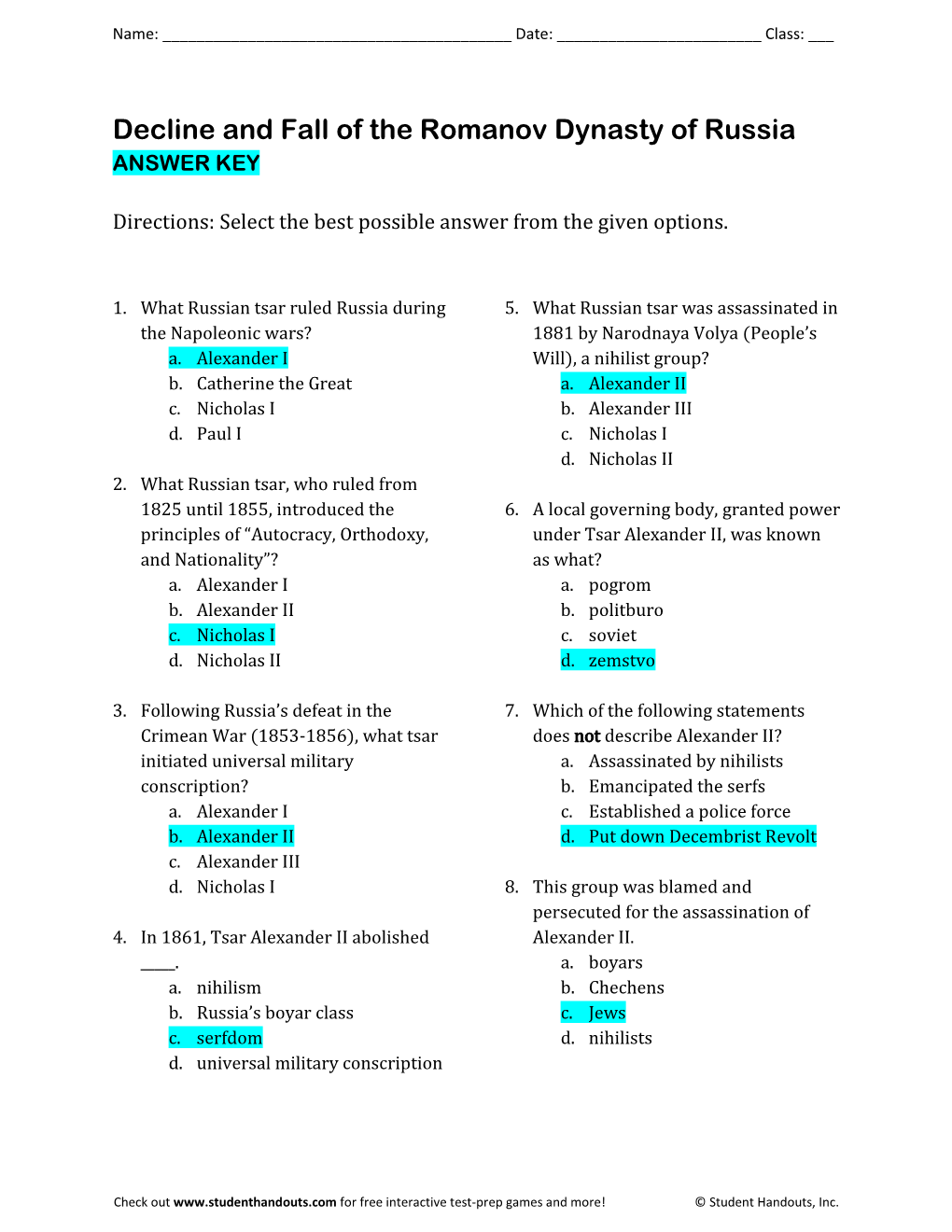 Decline and Fall of the Romanov Dynasty of Russia ANSWER KEY