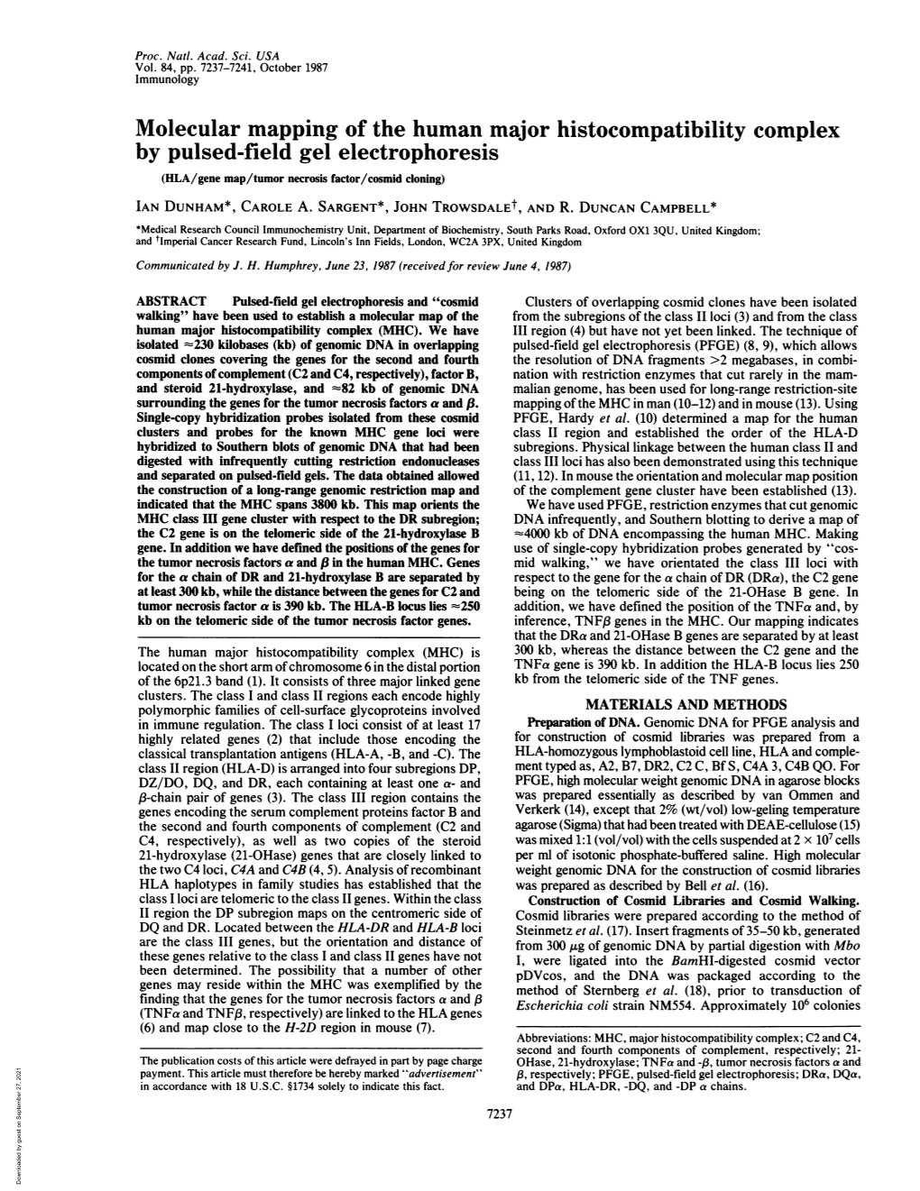 Molecular Mapping of the Human Major Histocompatibility Complex by Pulsed-Field Gel Electrophoresis (HLA/Gene Map/Tumor Necrosis Factor/Cosmid Cloning)