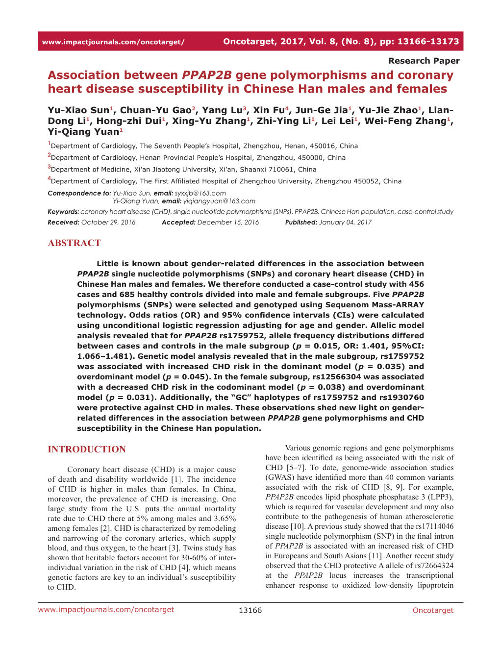 Association Between PPAP2B Gene Polymorphisms and Coronary Heart Disease Susceptibility in Chinese Han Males and Females